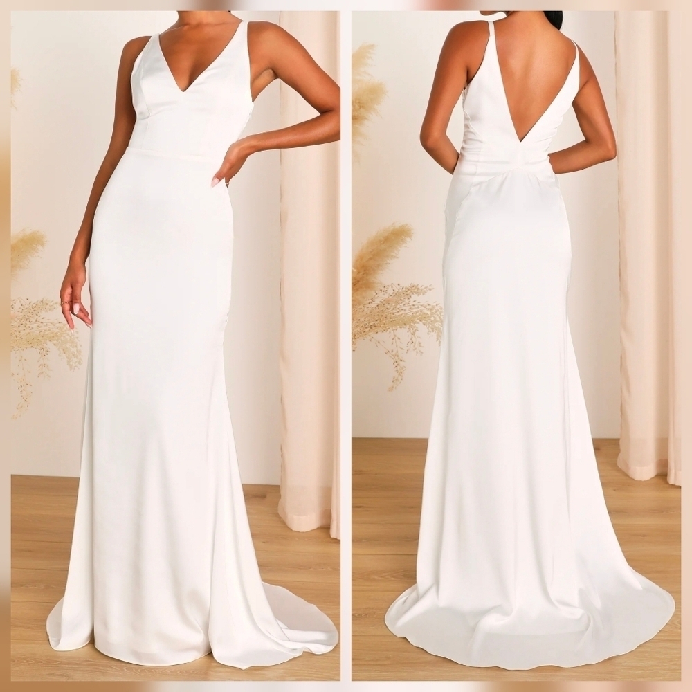 Lulus XS Polished Perfection White Satin Sleeveless Mermaid Maxi Wedding Gown XS